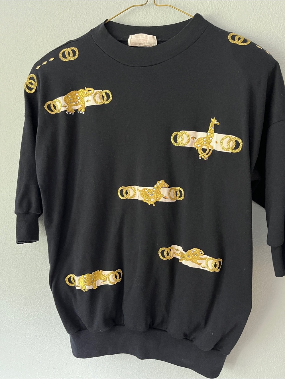 Vintage Black Sweatshirt with Gold Animal Embroidered Accents Short Sleeve